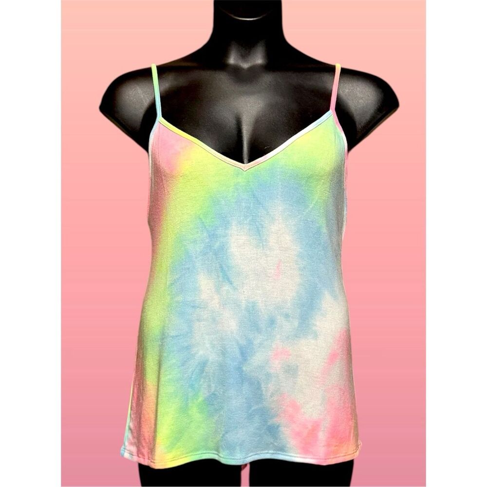 BiBi Pink Multi Tie Dye Cami Tank Top V-Neck Spaghetti Strap Summer Casual Top - Picture 6 of 8